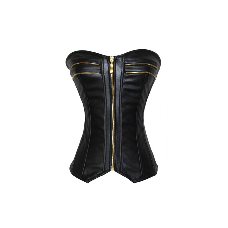 Classic Leather Gold Zipper Overbust Tights Corset